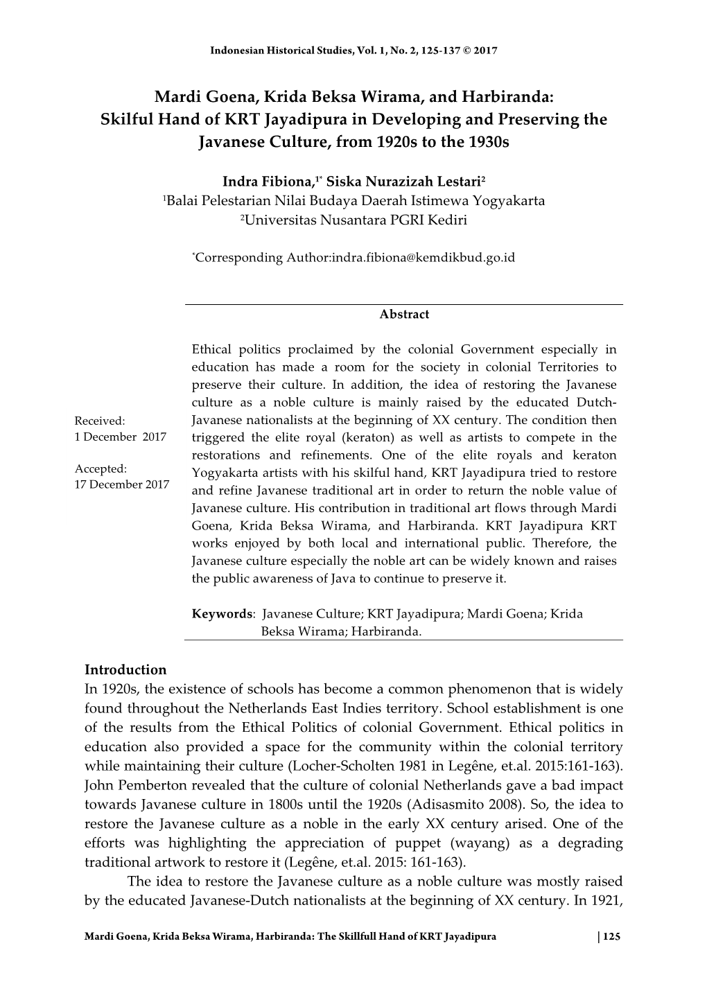 Mardi Goena, Krida Beksa Wirama, and Harbiranda: Skilful Hand of KRT Jayadipura in Developing and Preserving the Javanese Culture, from 1920S to the 1930S