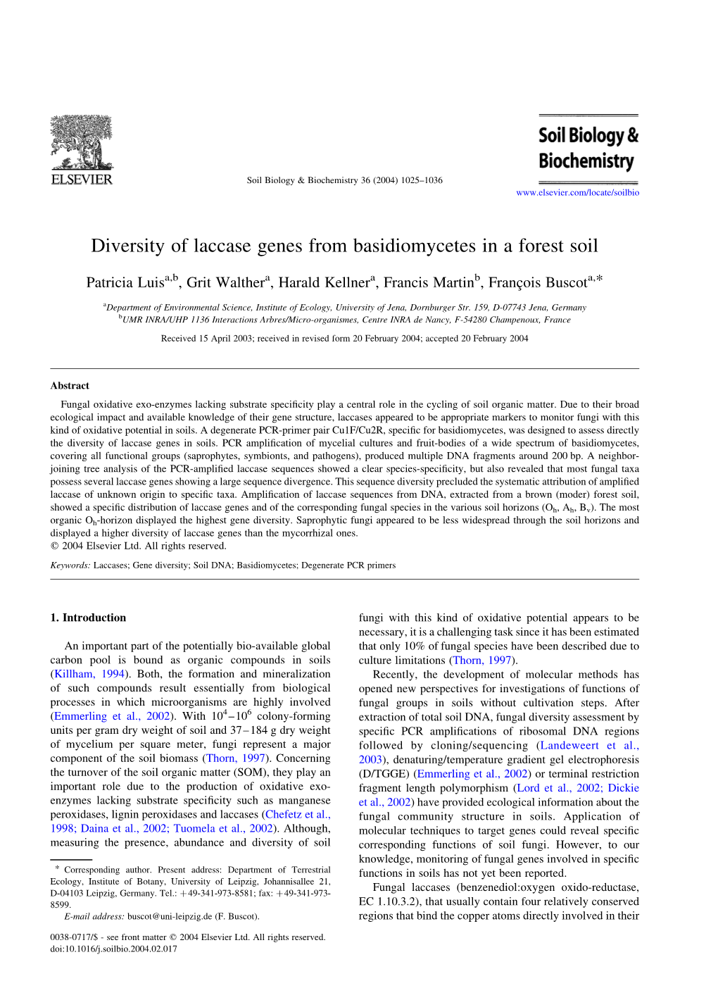 Diversity of Laccase Genes from Basidiomycetes in a Forest Soil