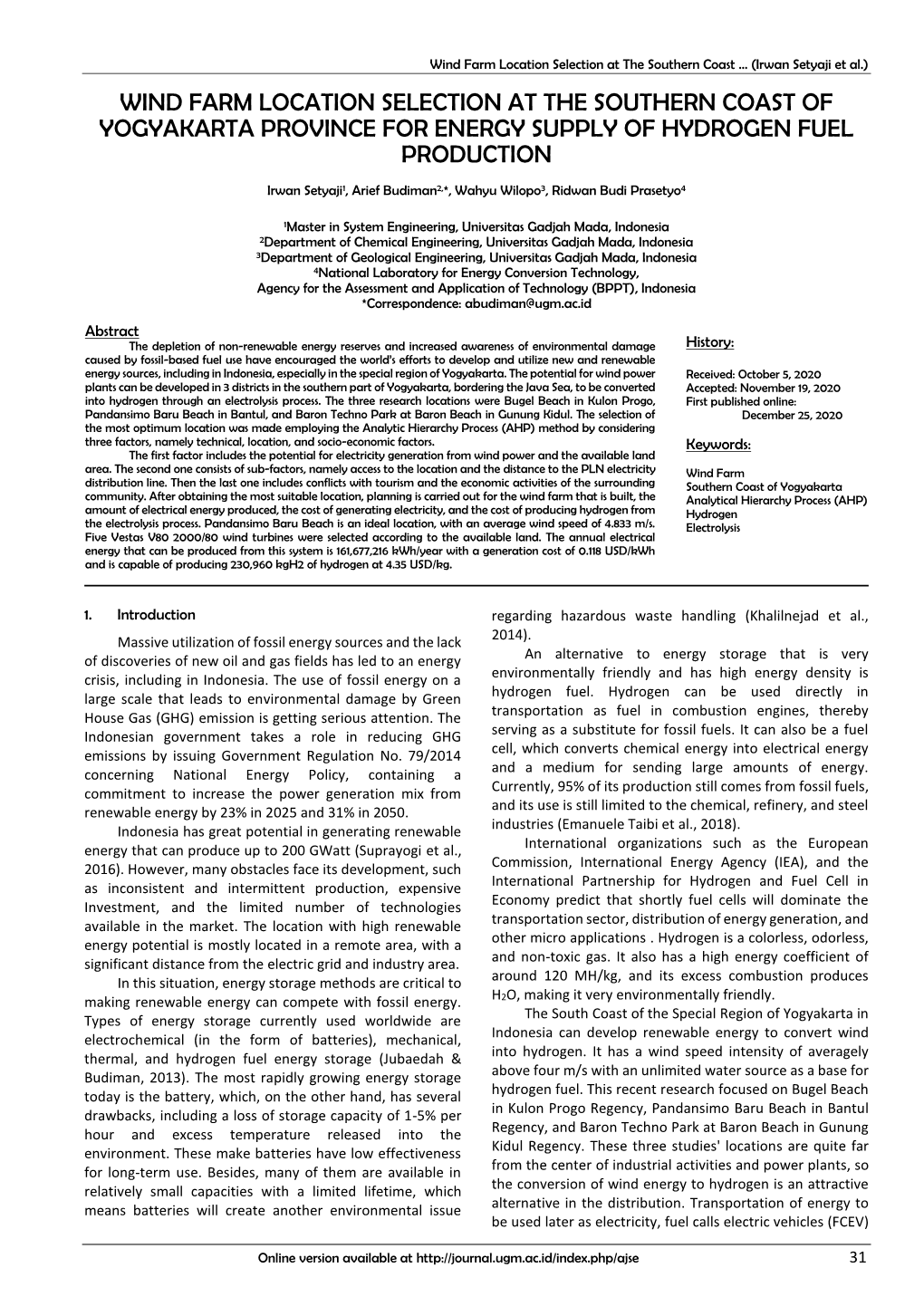 Wind Farm Location Selection at the Southern Coast of Yogyakarta Province for Energy Supply of Hydrogen Fuel Production