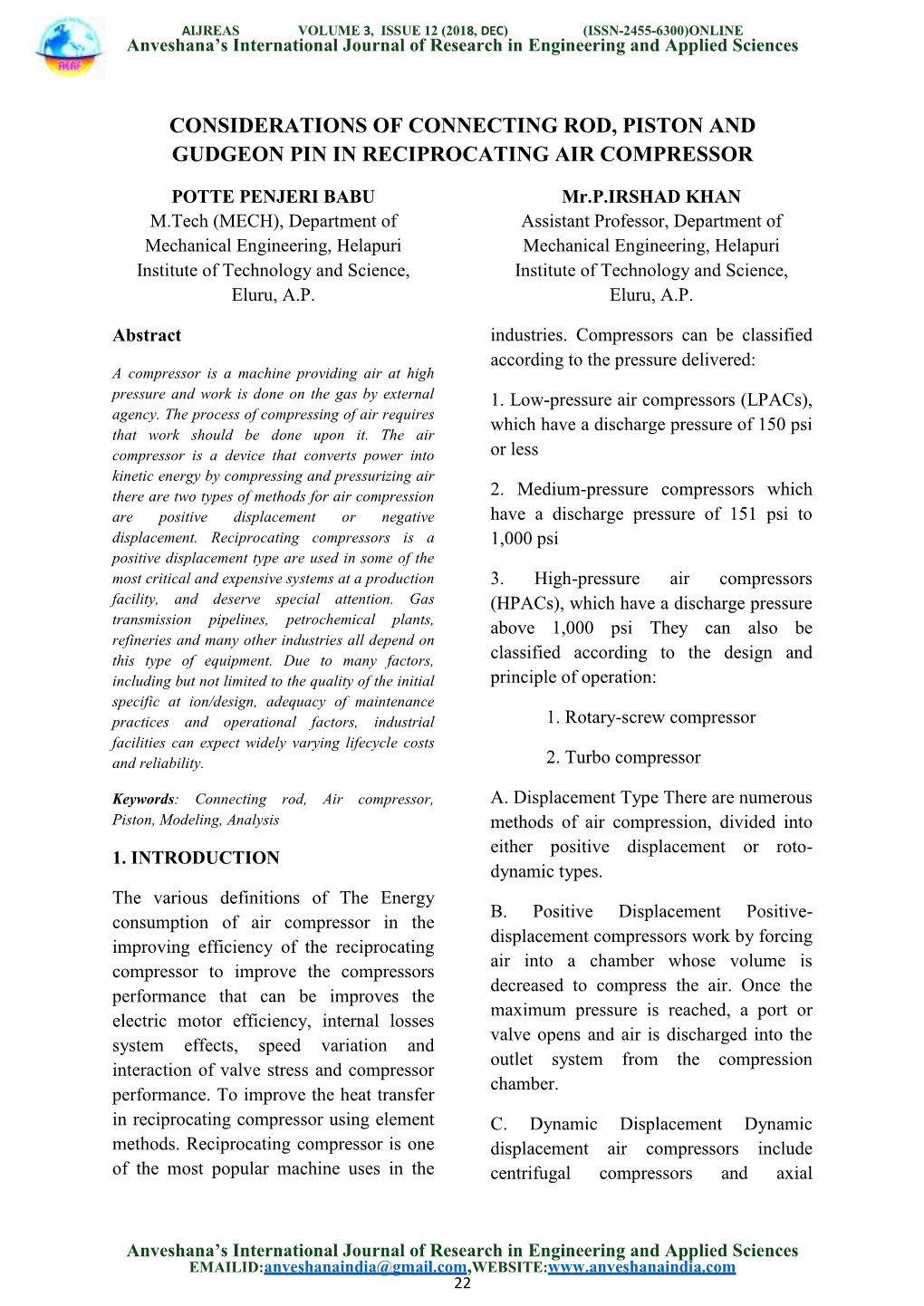 Considerations of Connecting Rod, Piston and Gudgeon Pin in Reciprocating Air Compressor