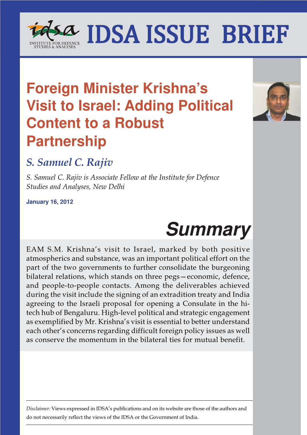 Foreign Minister Krishna's Visit to Israel