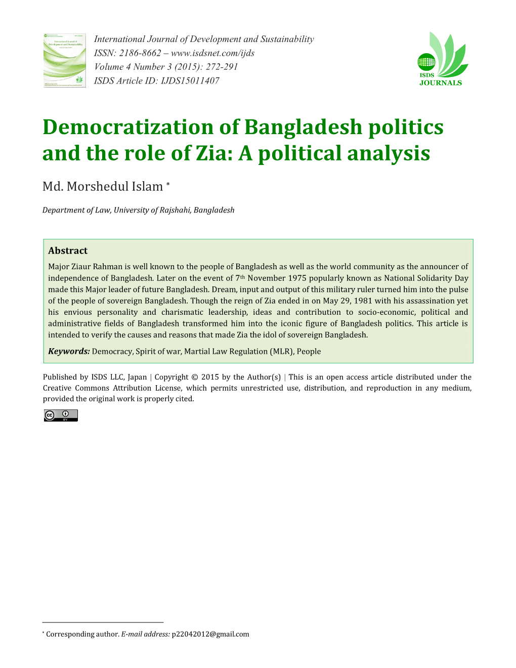 Democratization of Bangladesh Politics and the Role of Zia: a Political Analysis