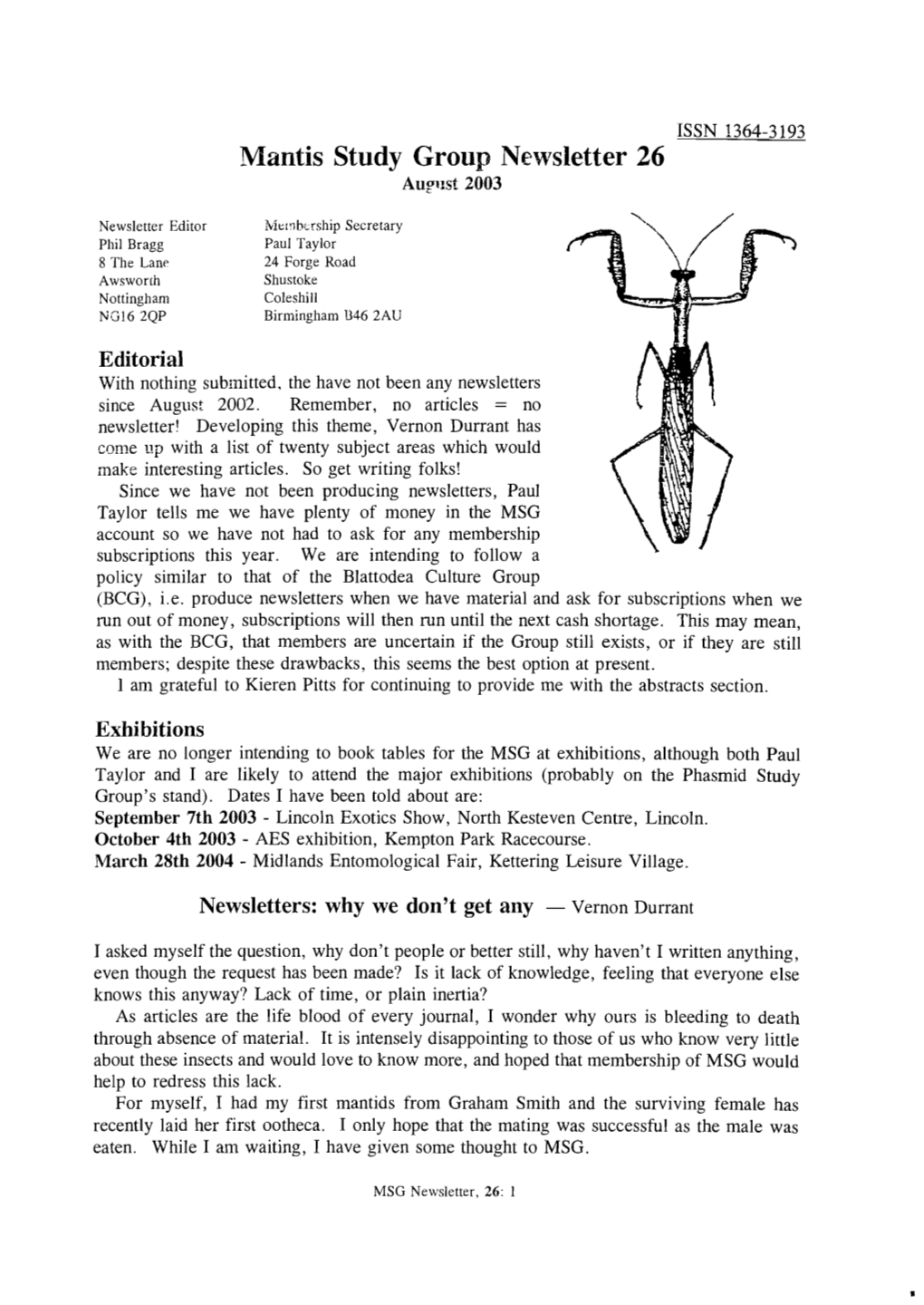 Mantis Study Group Newsletter, 26 (August 2003)