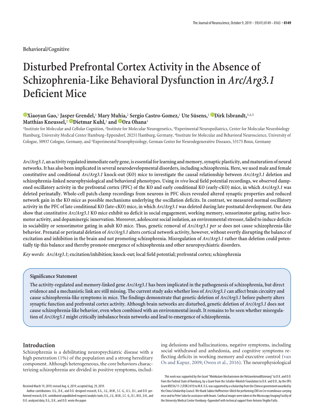 Disturbed Prefrontal Cortex Activity in the Absence of Schizophrenia-Like Behavioral Dysfunction in Arc/Arg3.1 Deficient Mice