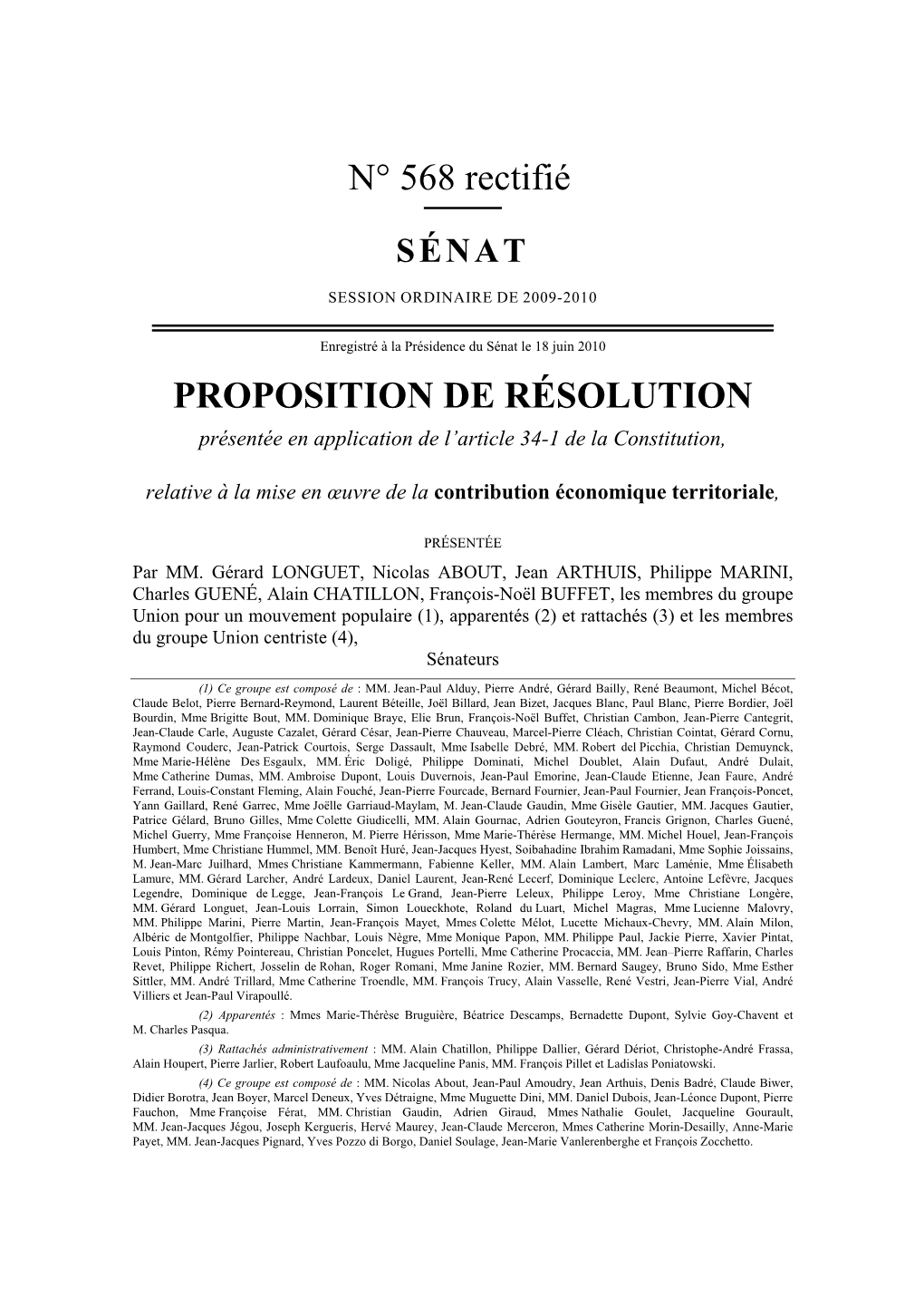 N° 568 Rectifié PROPOSITION DE RÉSOLUTION