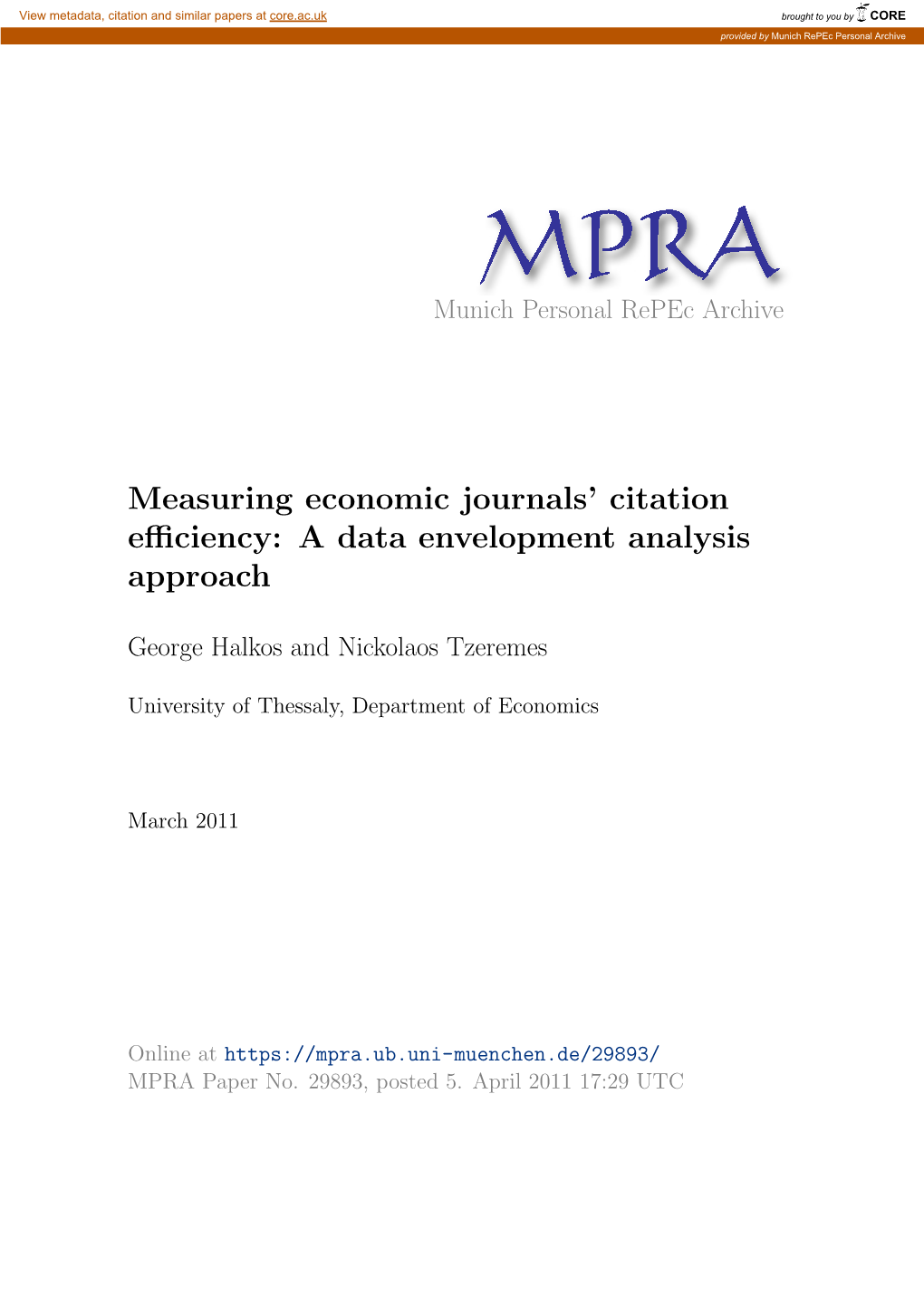 Measuring Economic Journals' Citation Efficiency