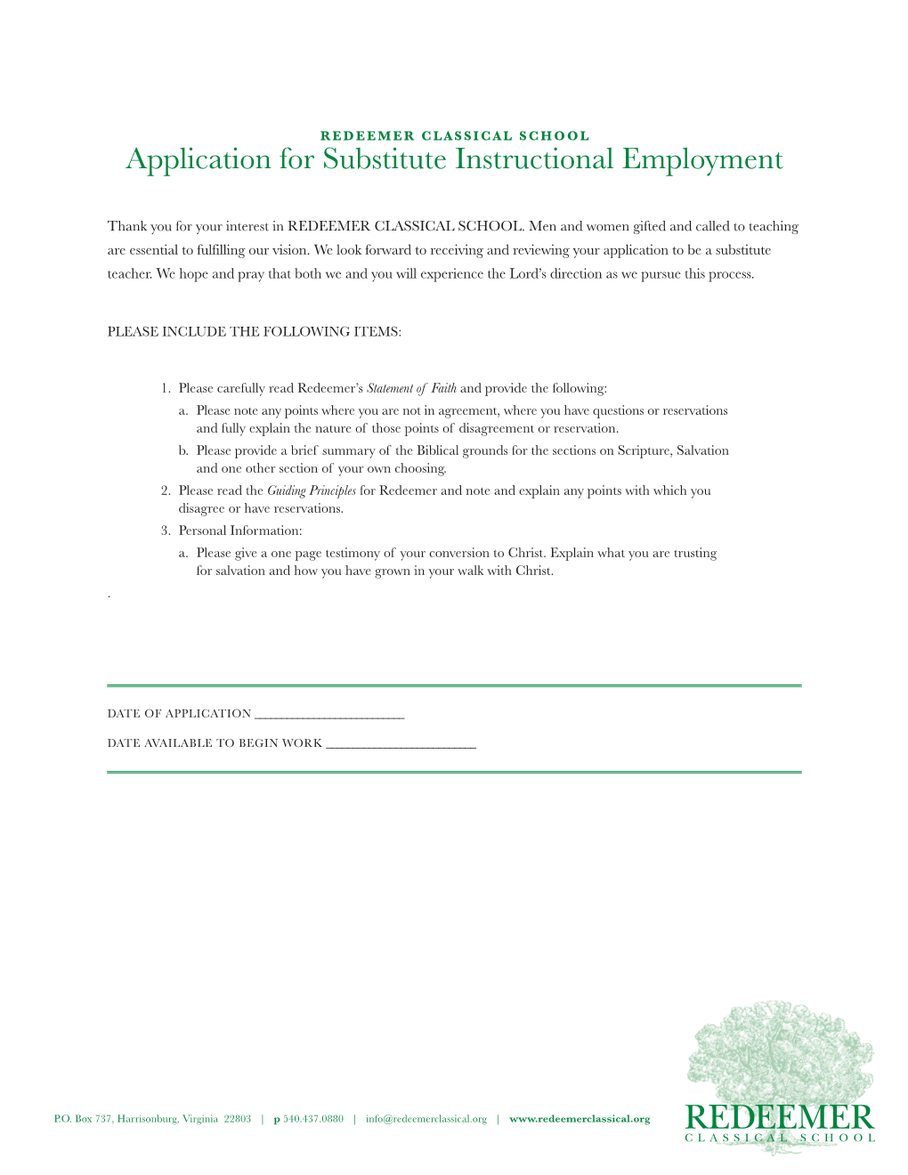 Application for Substitute Instructional Employment