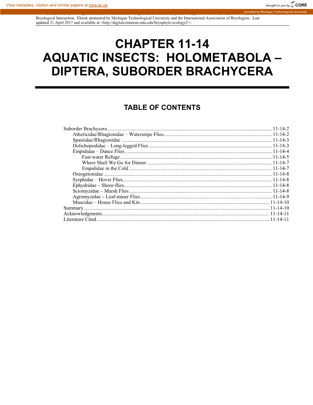 Aquatic Insects: Holometabola – Diptera, Suborder Brachycera