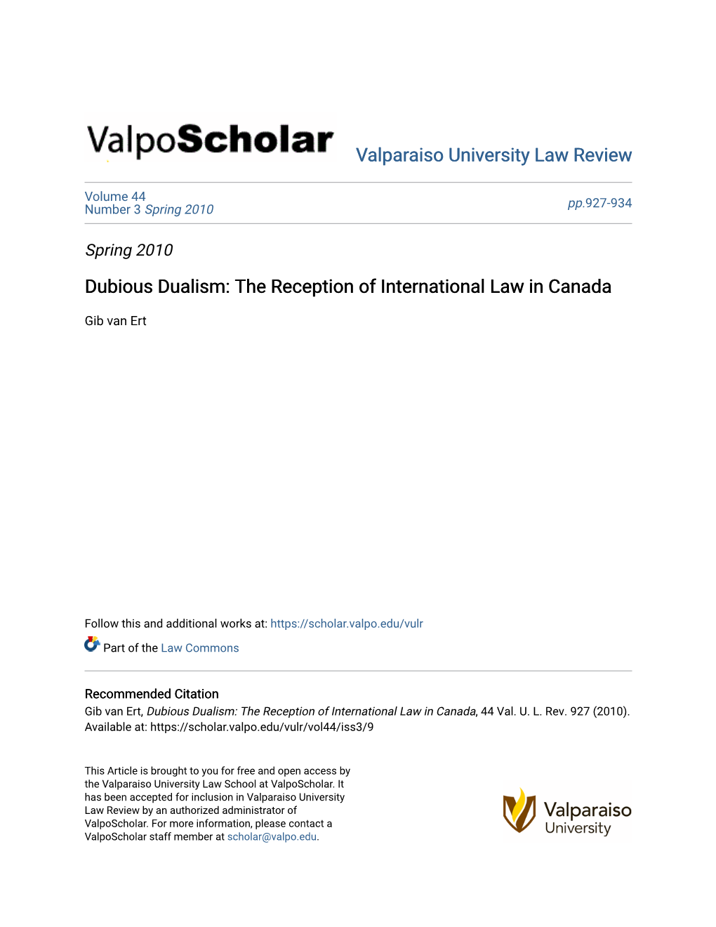 Dubious Dualism: the Reception of International Law in Canada