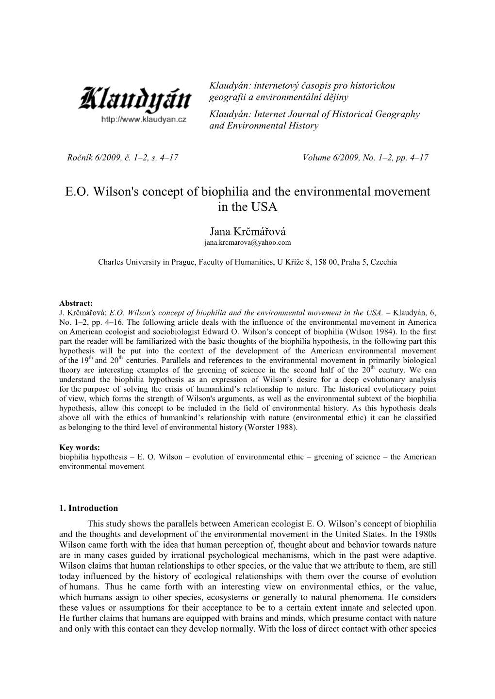 E.O. Wilson's Concept of Biophilia and the Environmental Movement in the USA