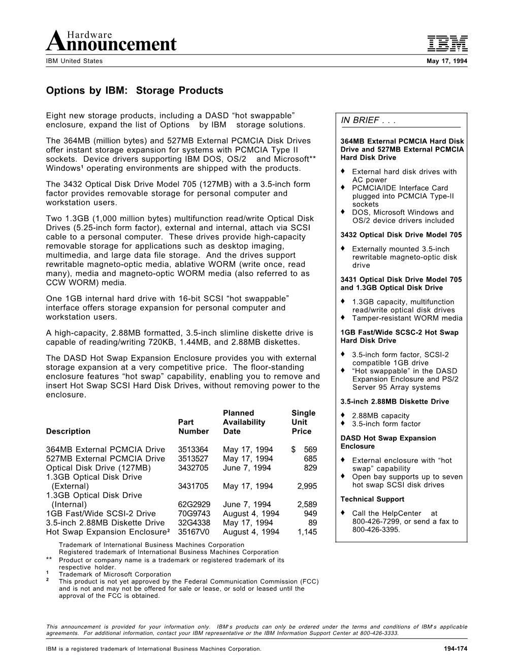 Announcementhardware IBM United States May 17, 1994