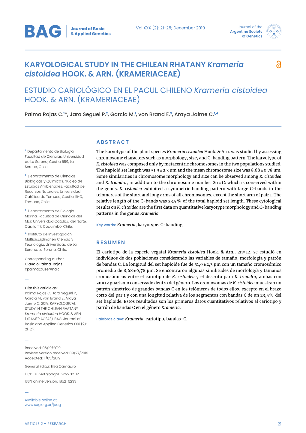 KARYOLOGICAL STUDY in the CHILEAN RHATANY Krameria Cistoidea HOOK