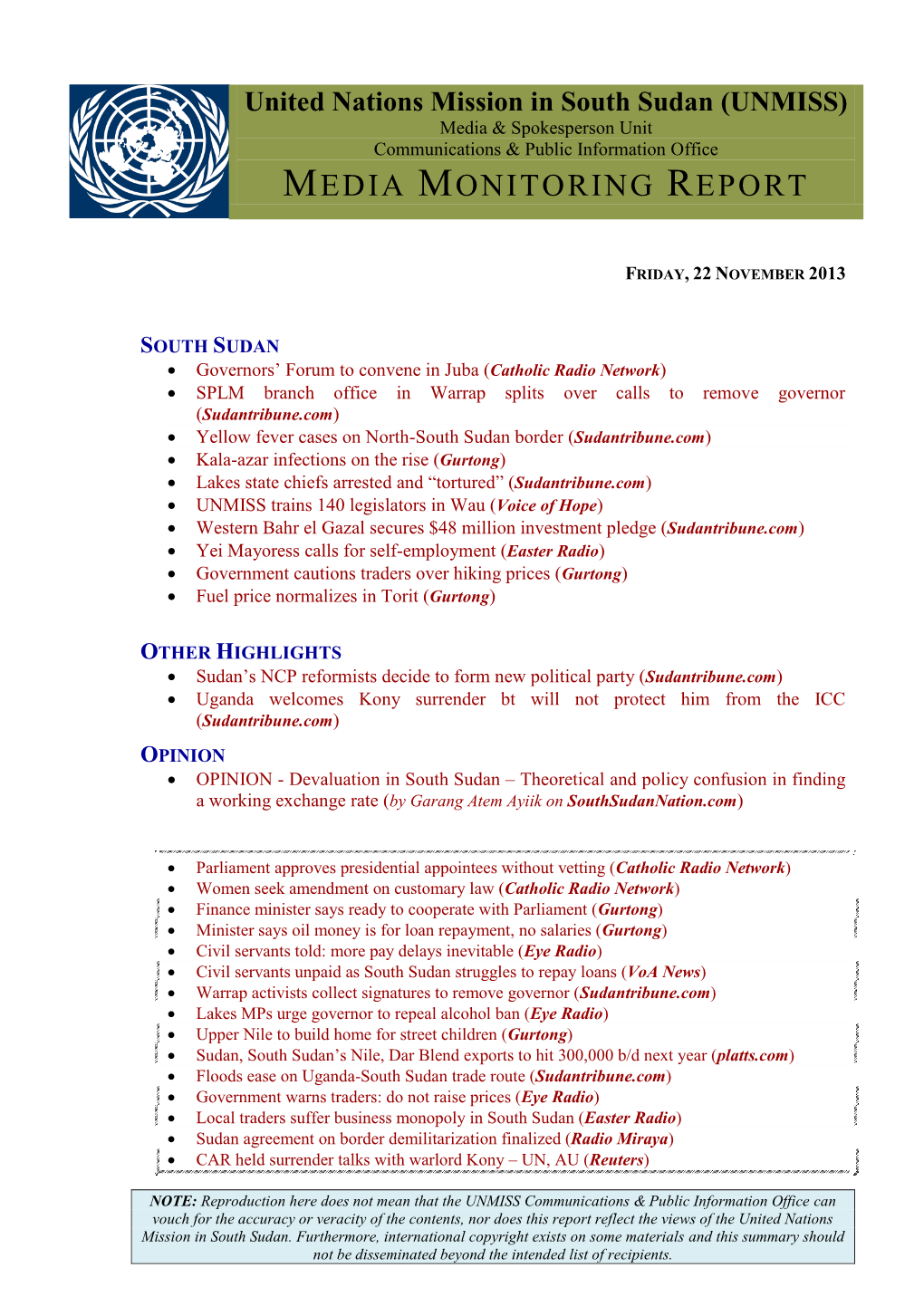 South Sudan (UNMISS) Media & Spokesperson Unit Communications & Public Information Office MEDIA MONITORING REPORT