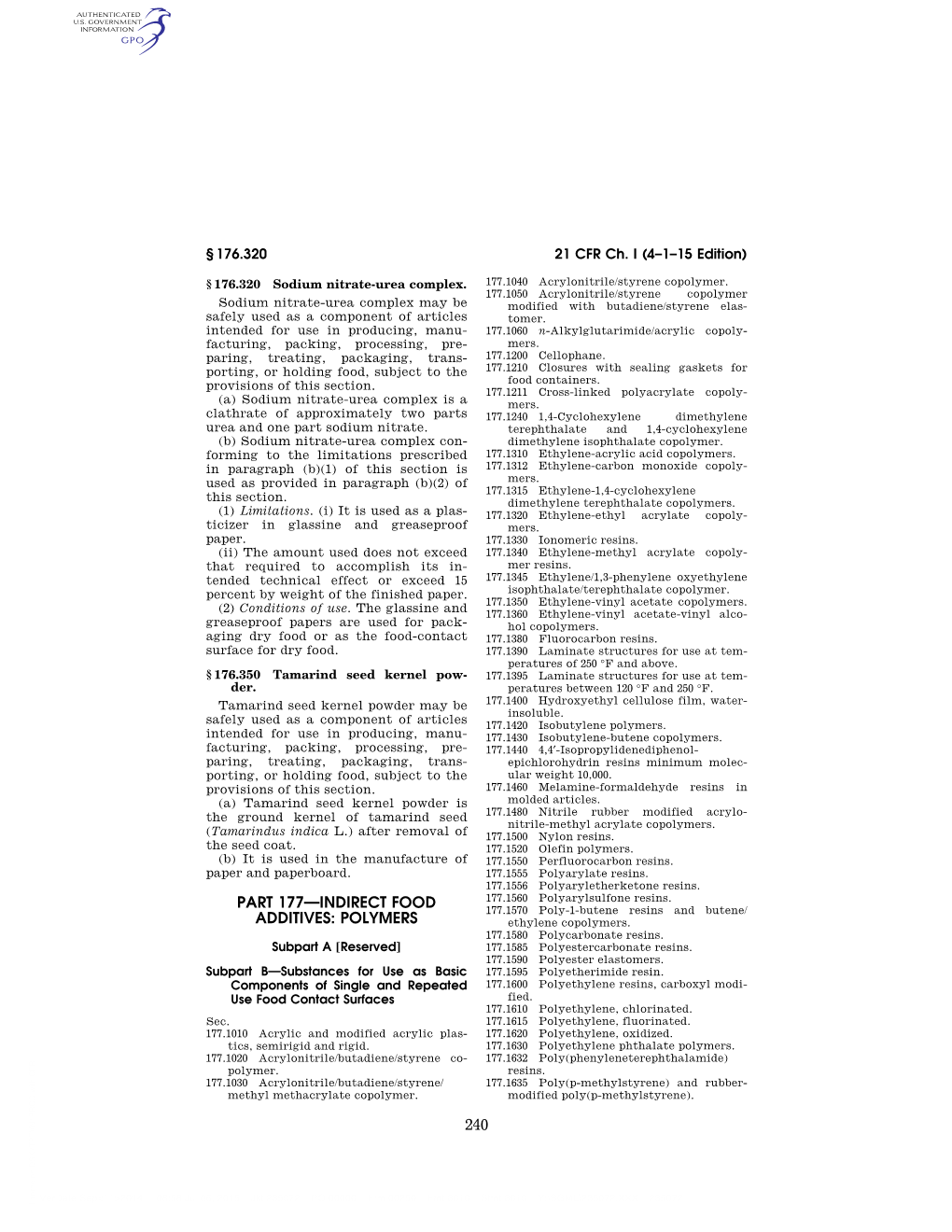 240 Part 177—Indirect Food Additives: Polymers