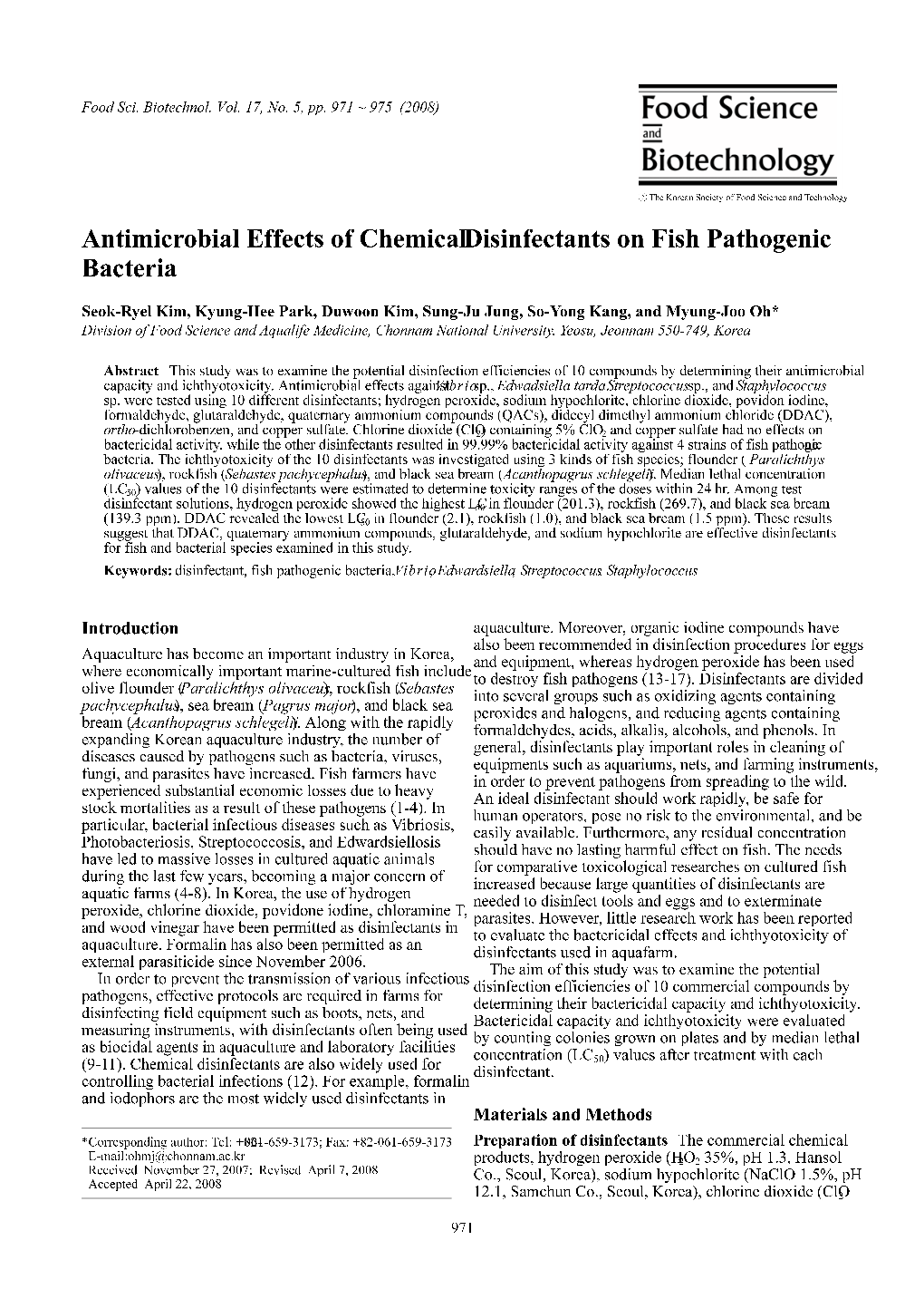 Antimicrobial Effects of Chemical Disinfectants on Fish Pathogenic Bacteria