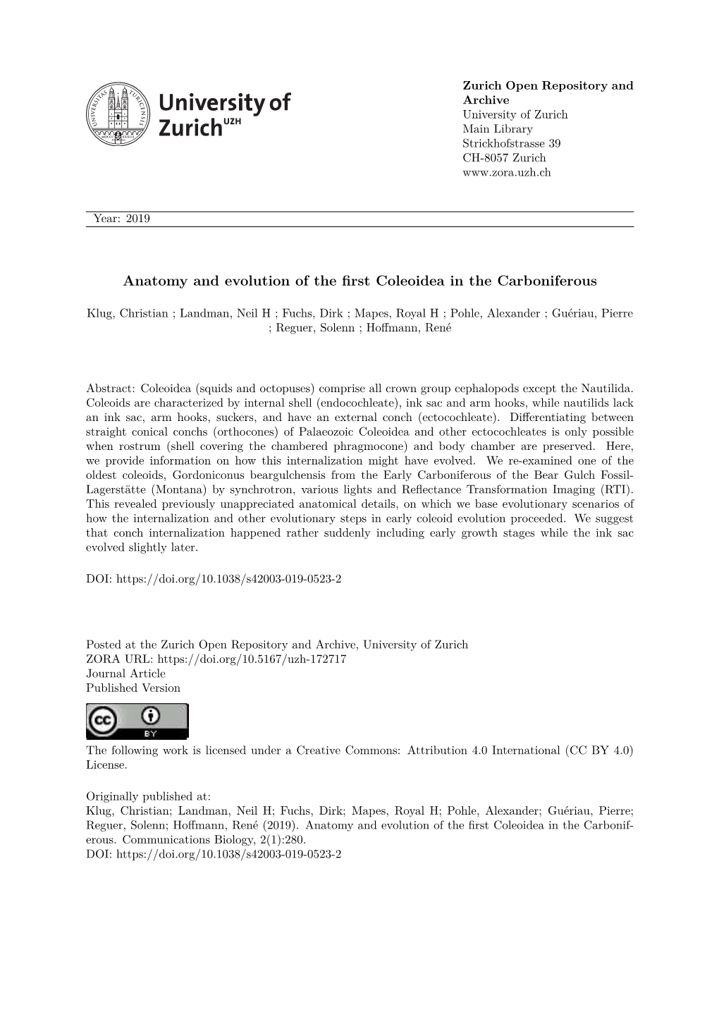 Anatomy and Evolution of the First Coleoidea in the Carboniferous