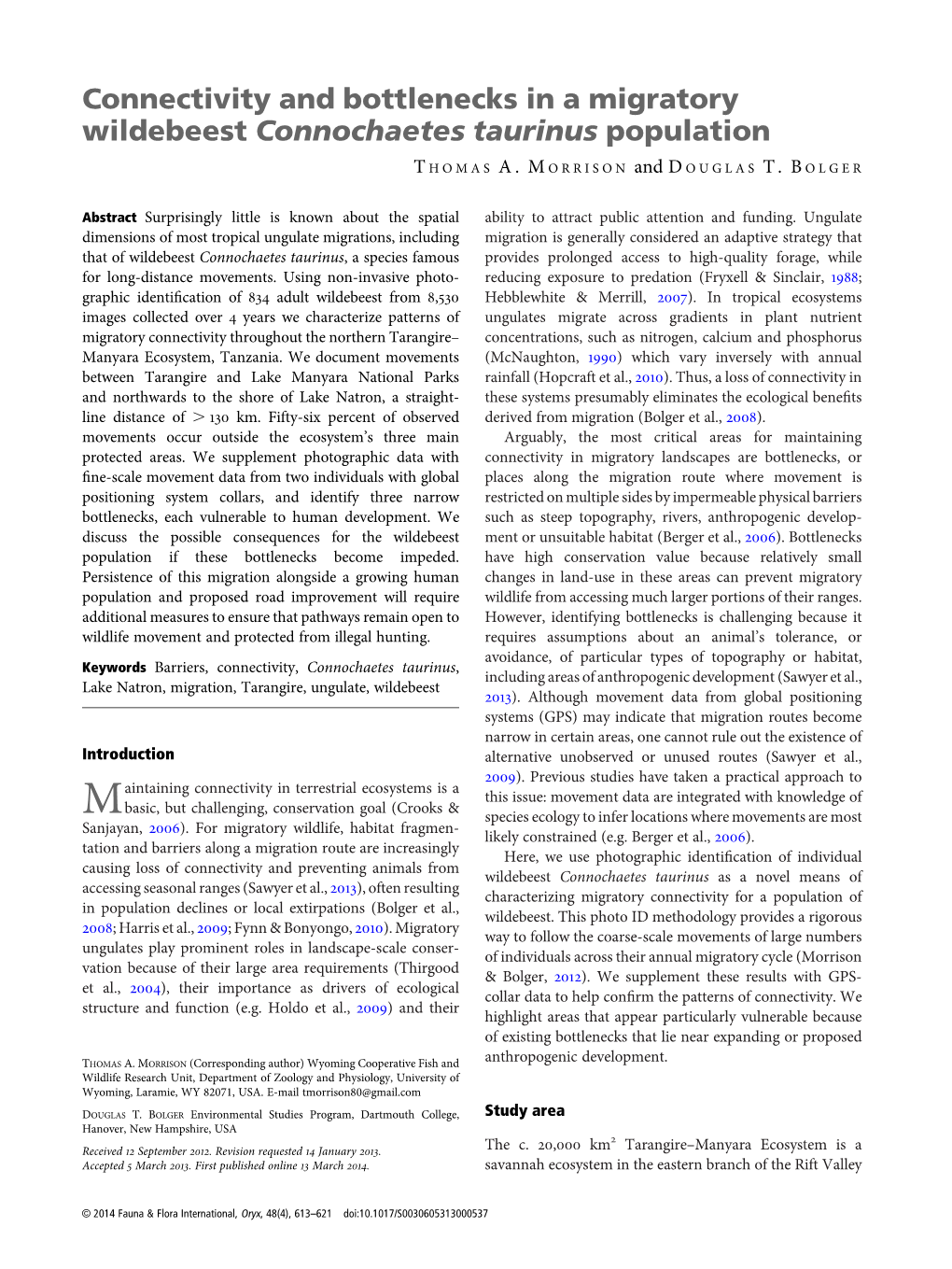 Connectivity and Bottlenecks in a Migratory Wildebeest Connochaetes Taurinus Population