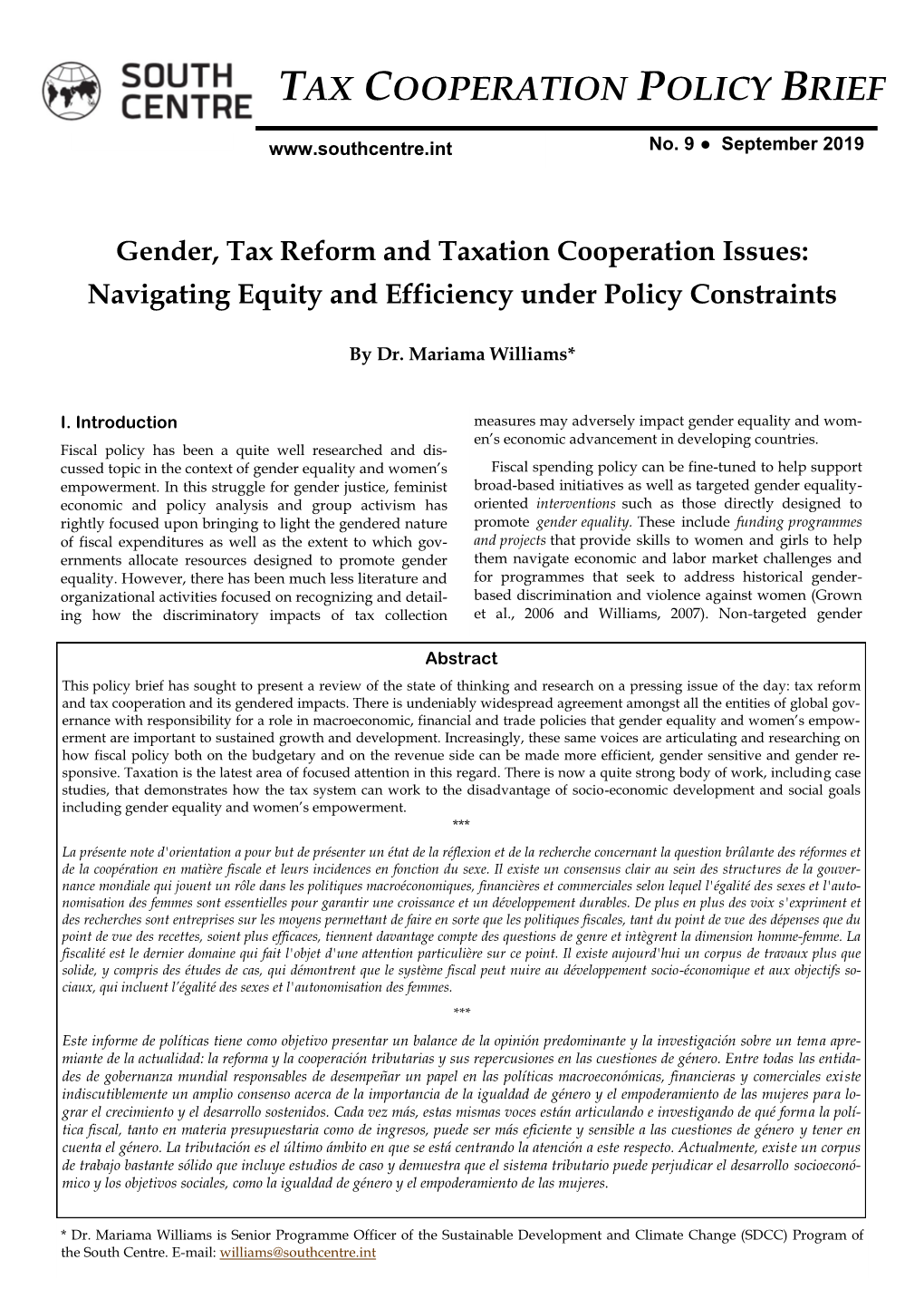 Gender, Tax Reform and Taxation Cooperation Issues: Navigating Equity and Efficiency Under Policy Constraints