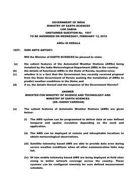 GOVERNMENT of INDIA MINISTRY of EARTH SCIENCES LOK SABHA UNSTARRED QUESTION No