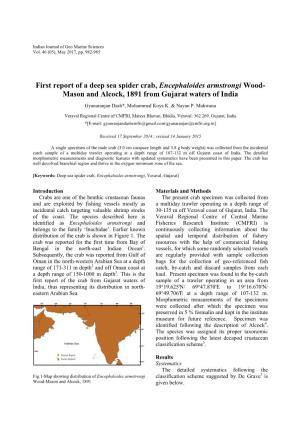 First Report of a Deep Sea Spider Crab, Encephaloides Armstrongi Wood- Mason and Alcock, 1891 from Gujarat Waters of India