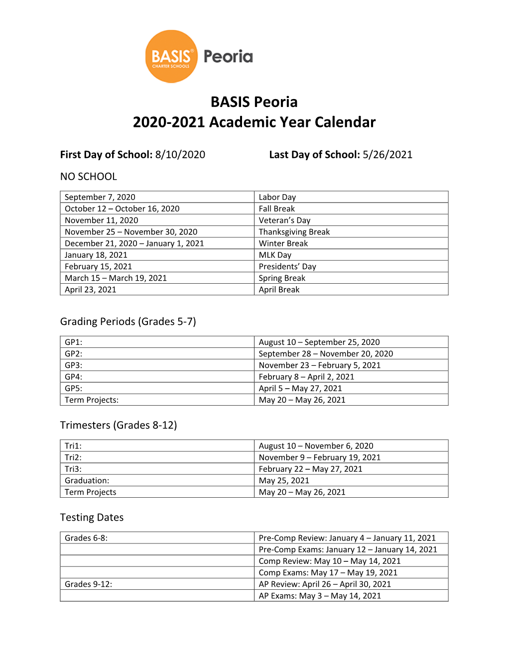 BASIS Peoria School Calendar