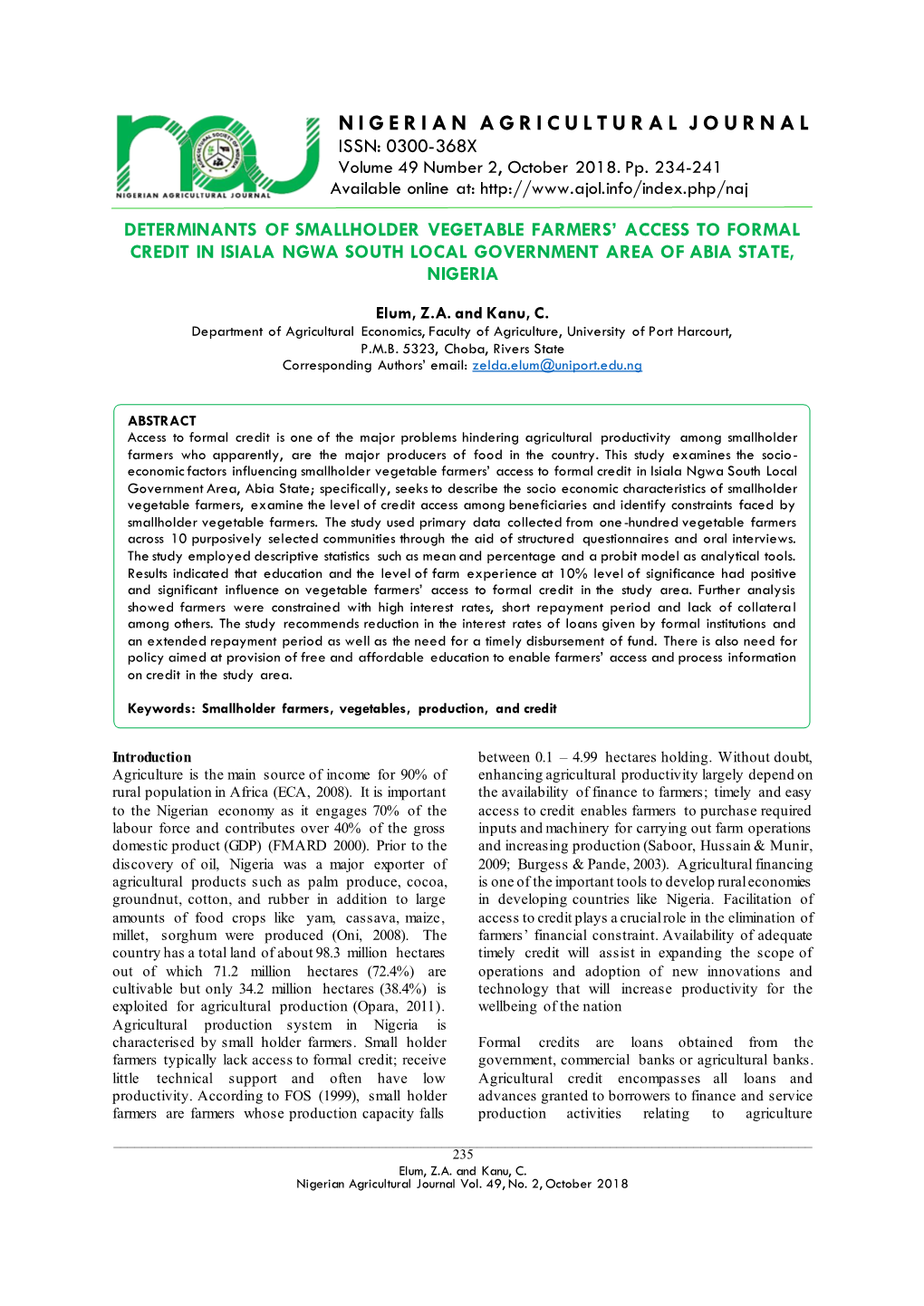 NIGERIAN AGRICULTURAL JOURNAL ISSN: 0300-368X Volume 49 Number 2, October 2018