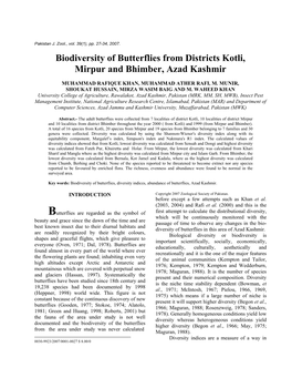 Biodiversity of Butterflies from Districts Kotli, Mirpur and Bhimber, Azad Kashmir