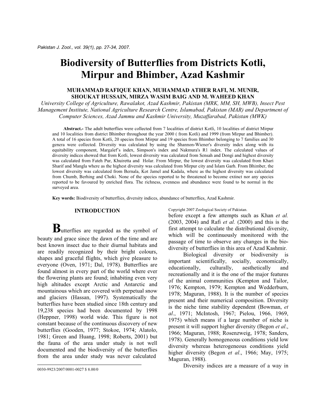 Biodiversity of Butterflies from Districts Kotli, Mirpur and Bhimber, Azad Kashmir