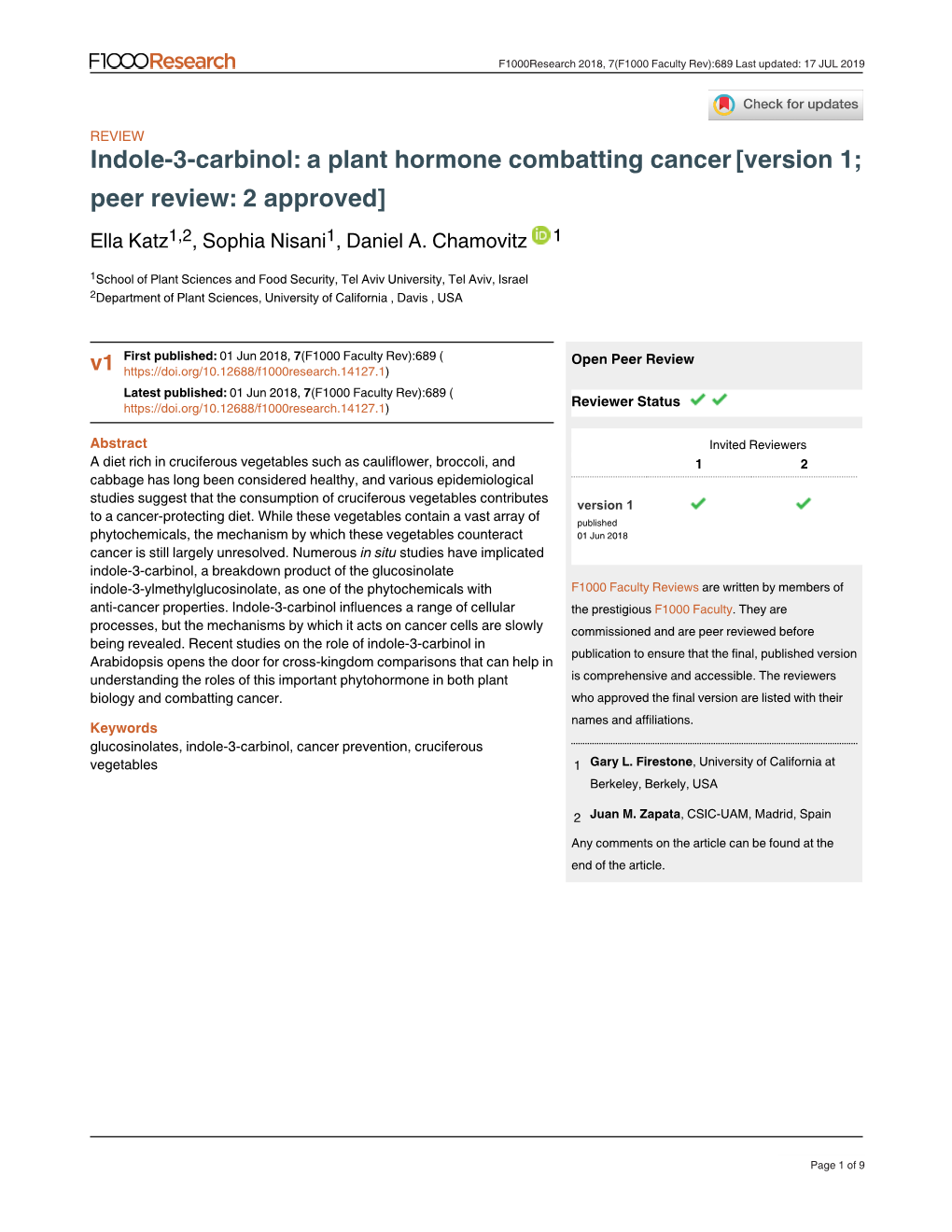 Indole-3-Carbinol: a Plant Hormone Combatting Cancer[Version 1; Peer