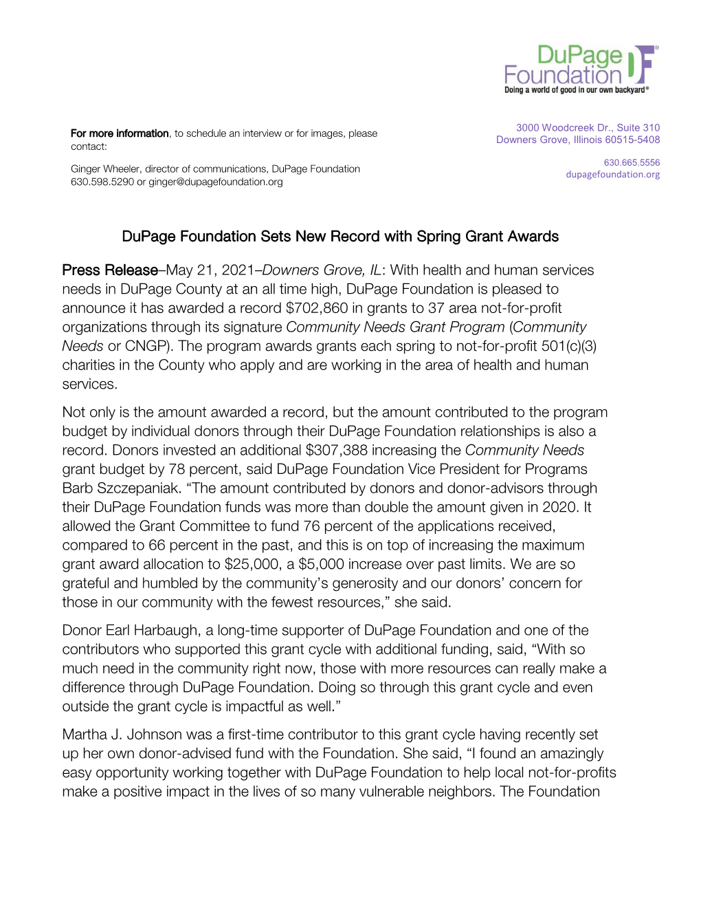 Dupage Foundation Sets New Record with Spring Grant Awards Press