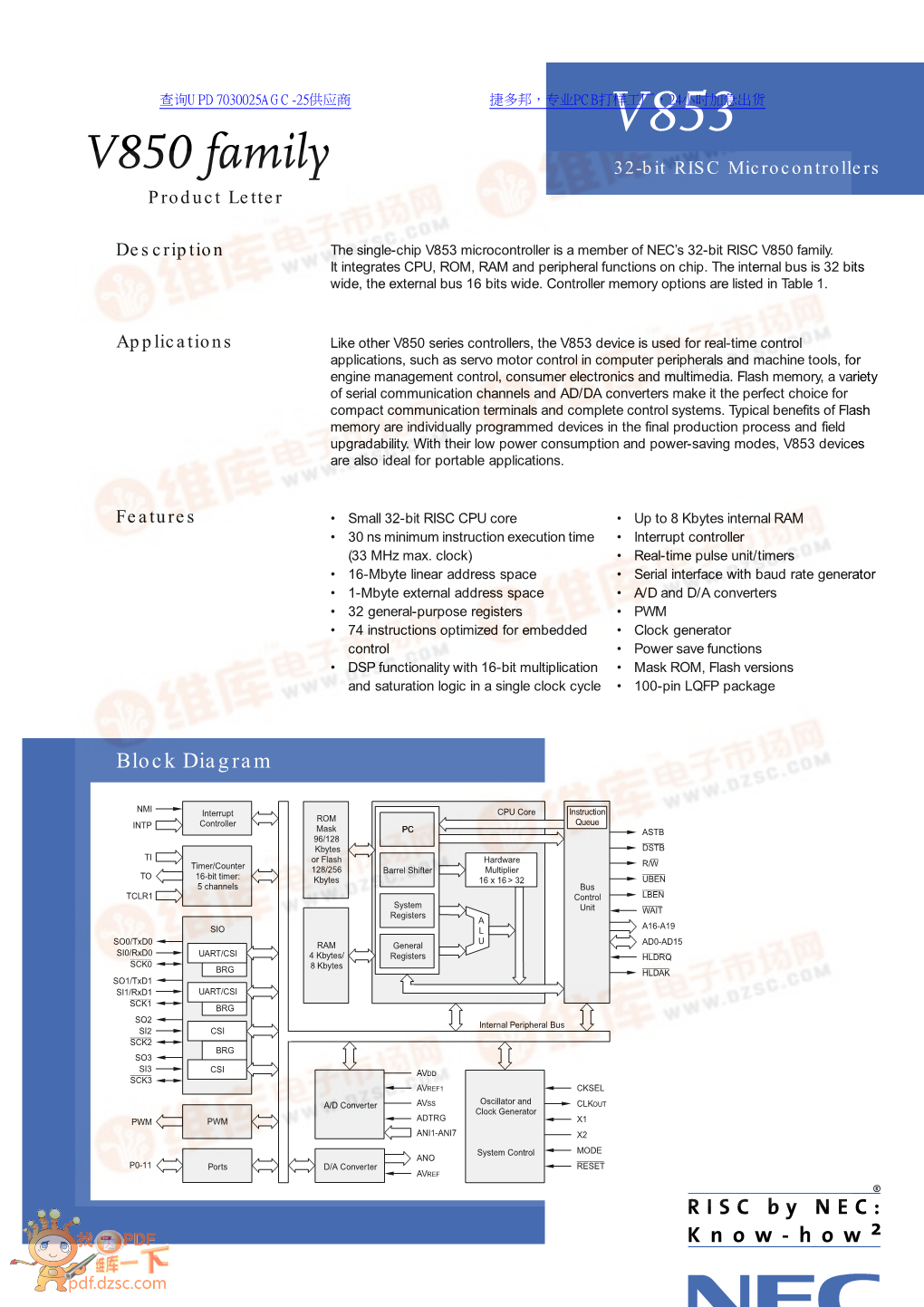 V850 Family 32-Bit RISC Microcontrollers Product Letter