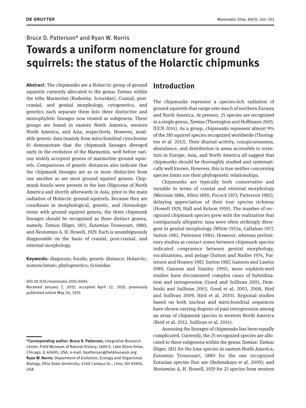 Towards a Uniform Nomenclature for Ground Squirrels: the Status of the Holarctic Chipmunks