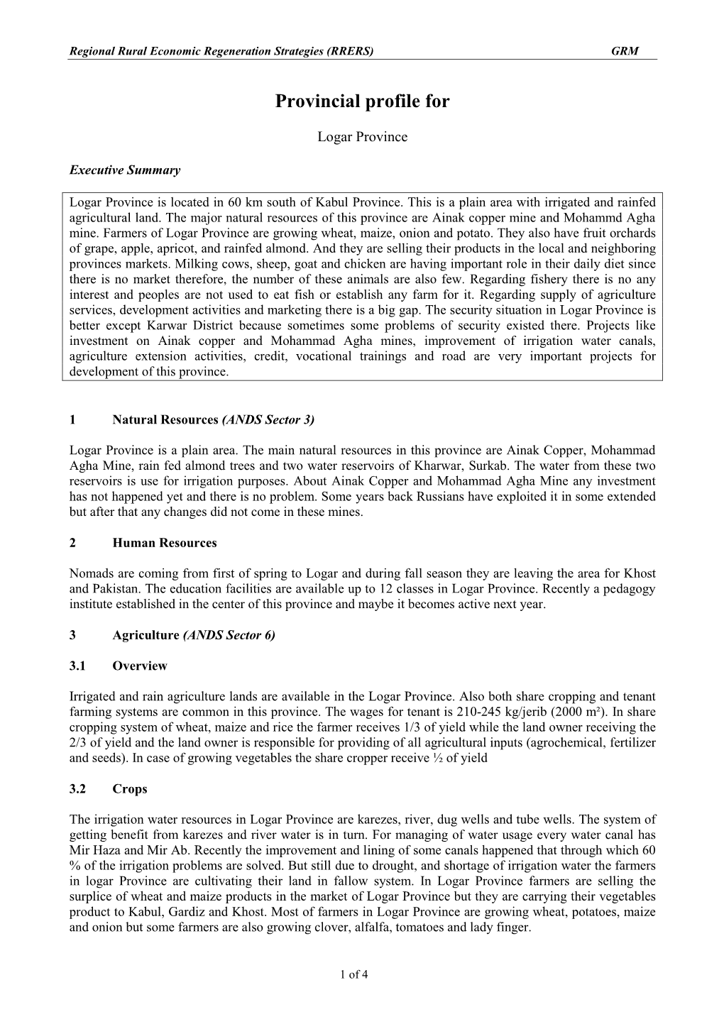 Logar Provincial Profile