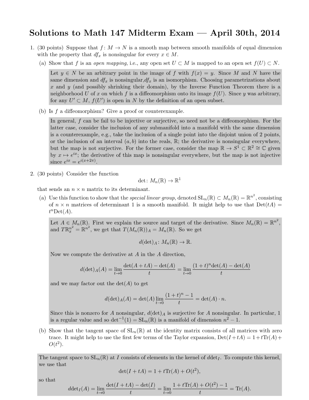 Solutions to Math 147 Midterm Exam — April 30Th, 2014