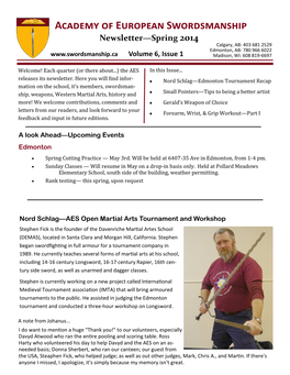Academy of European Swordsmanship Newsletter