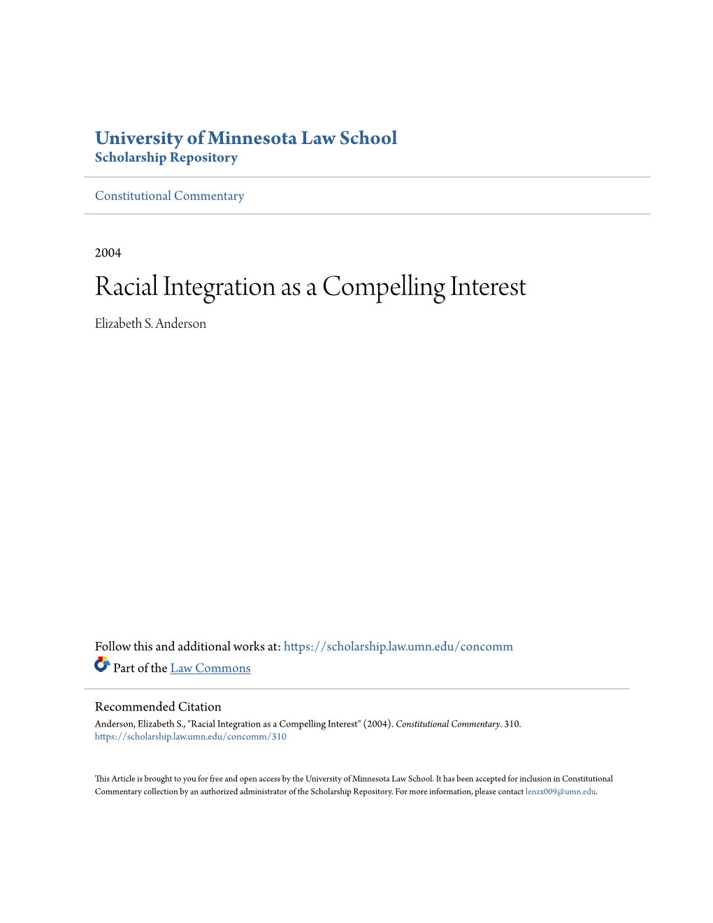 Racial Integration As a Compelling Interest Elizabeth S