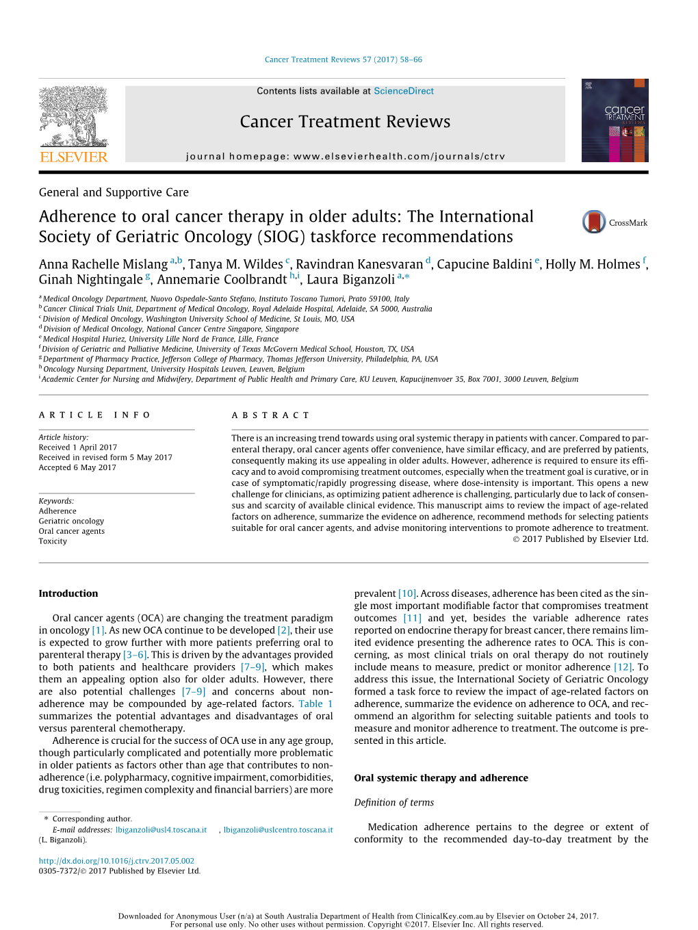 Adherence to Oral Cancer Therapy in Older Adults: the International Society of Geriatric Oncology (SIOG) Taskforce Recommendations