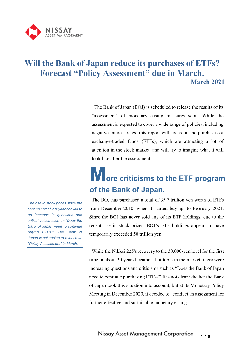 Will the Bank of Japan Reduce Its Purchases of Etfs? Forecast “Policy Assessment” Due in March
