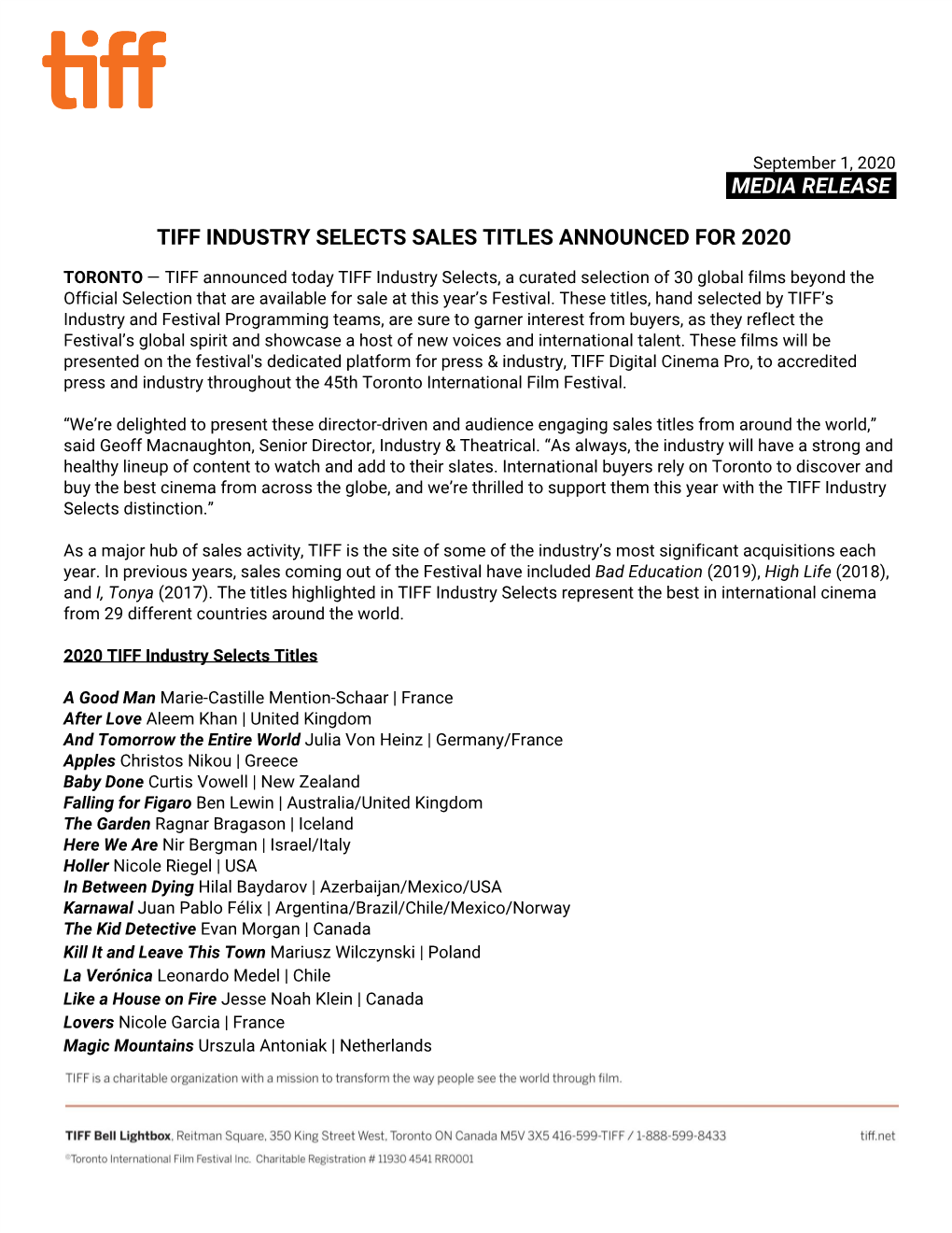 Media Release​. Tiff Industry Selects Sales Titles