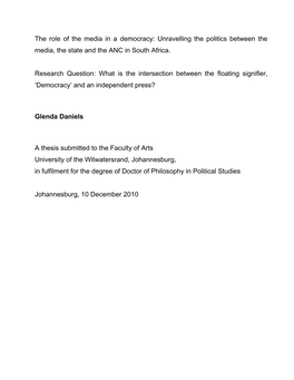 The Role of the Media in a Democracy: Unravelling the Politics Between the Media, the State and the ANC in South Africa