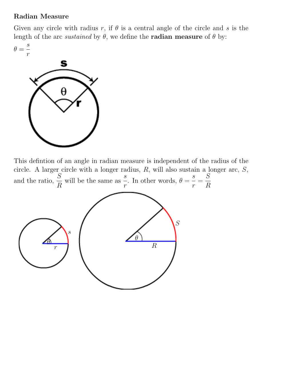 Radian Measure Given Any Circle with Radius R, If Θ Is a Central Angle of The