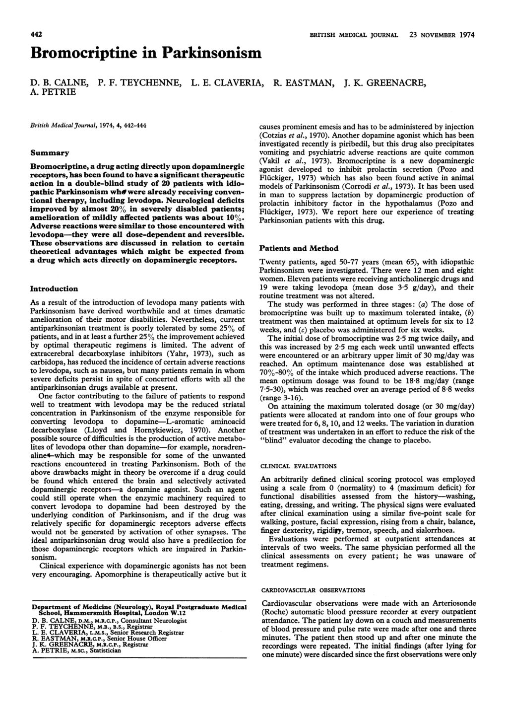 Bromocriptine in Parkinsonism