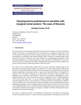 Housing Tenure Preferences in Societies with Marginal Rental Sectors: the Case of Slovenia