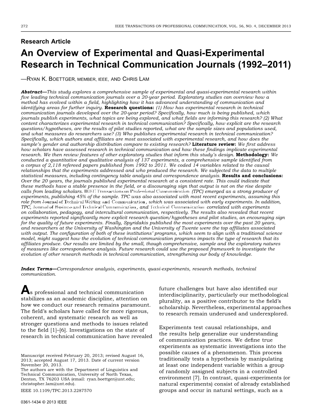 An Overview of Experimental and Quasi-Experimental Research in Technical Communication Journals (1992–2011)