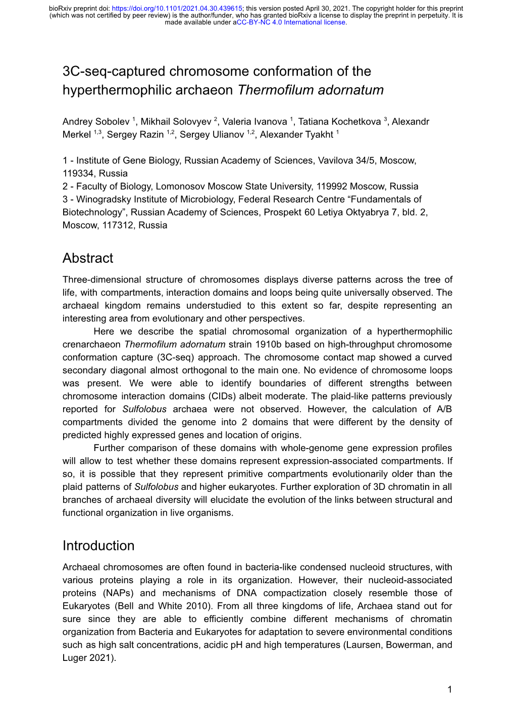 3C-Seq-Captured Chromosome Conformation of the Hyperthermophilic Archaeon Thermofilum Adornatum