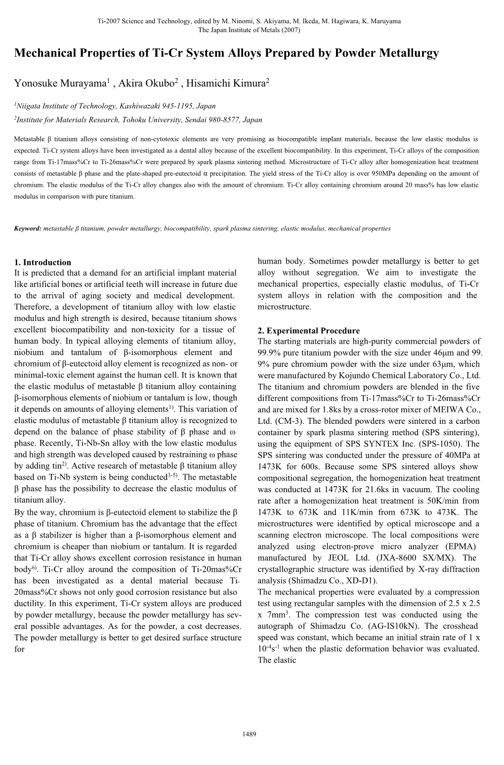 Mechanical Properties of Ti-Cr System Alloys Prepared by Powder Metallurgy