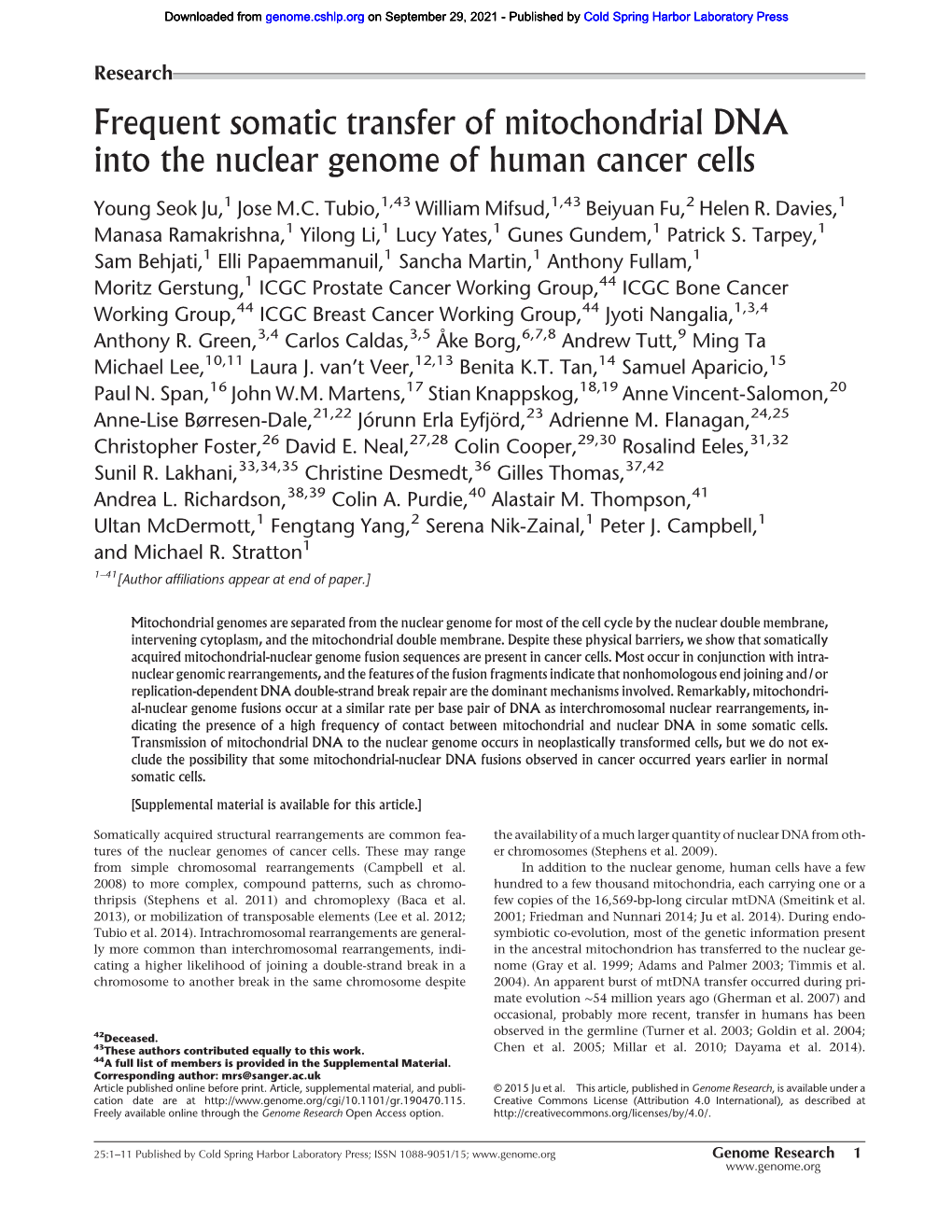 Frequent Somatic Transfer of Mitochondrial DNA Into the Nuclear Genome of Human Cancer Cells