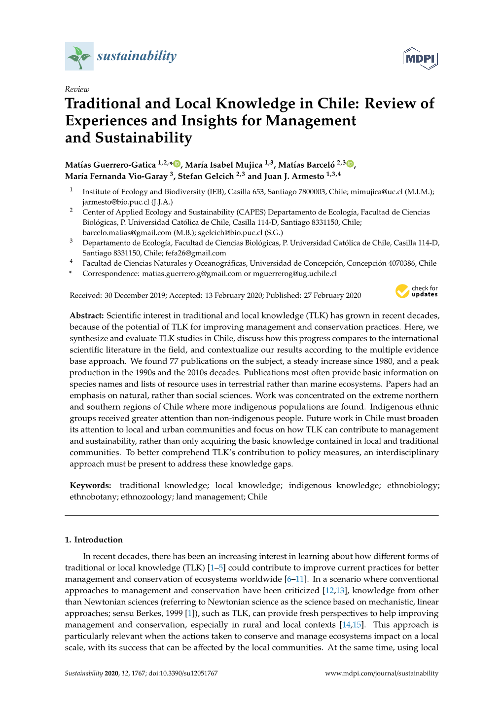 Traditional and Local Knowledge in Chile: Review of Experiences and Insights for Management and Sustainability
