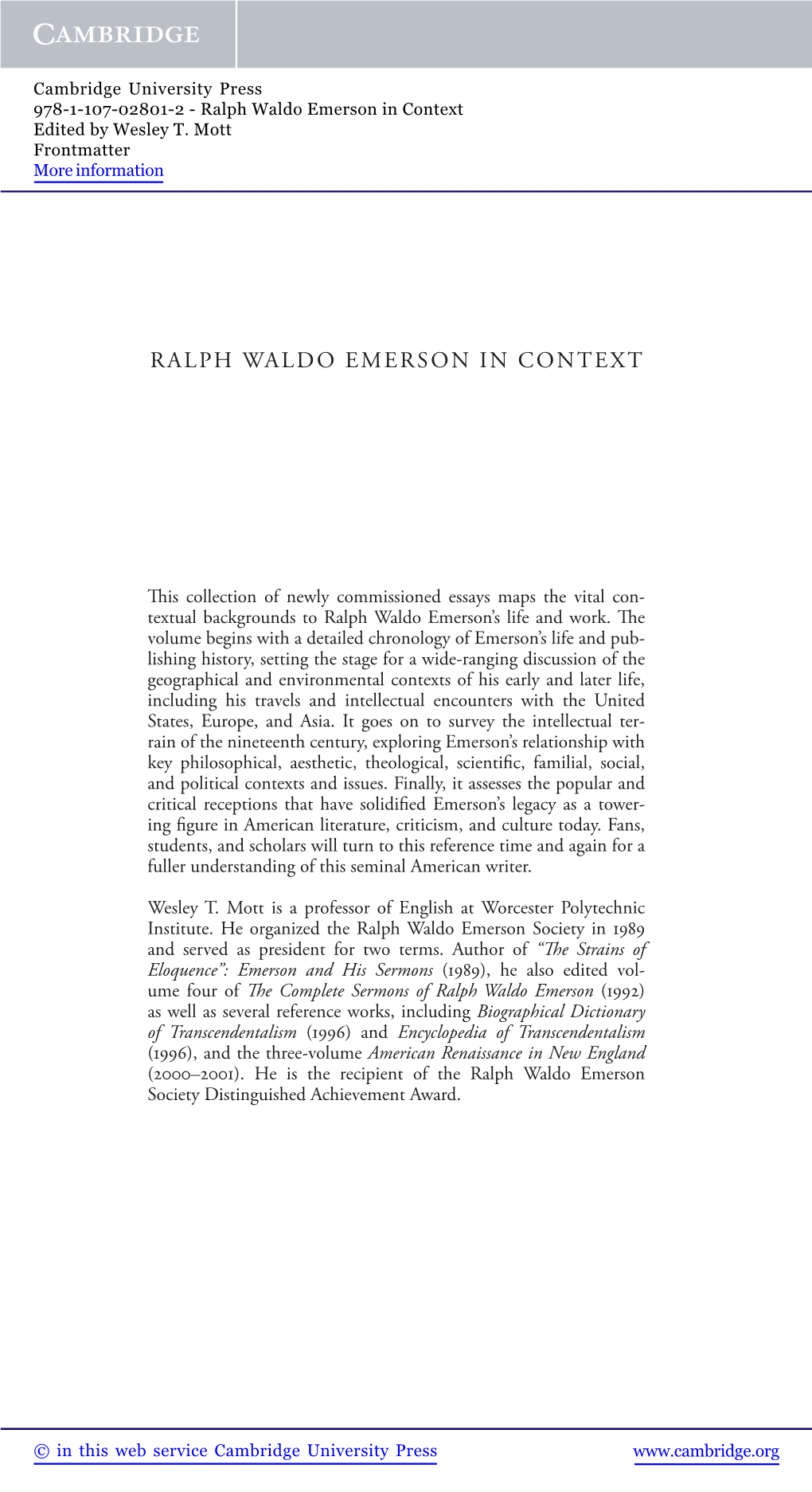 Ralph Waldo Emerson in Context Edited by Wesley T