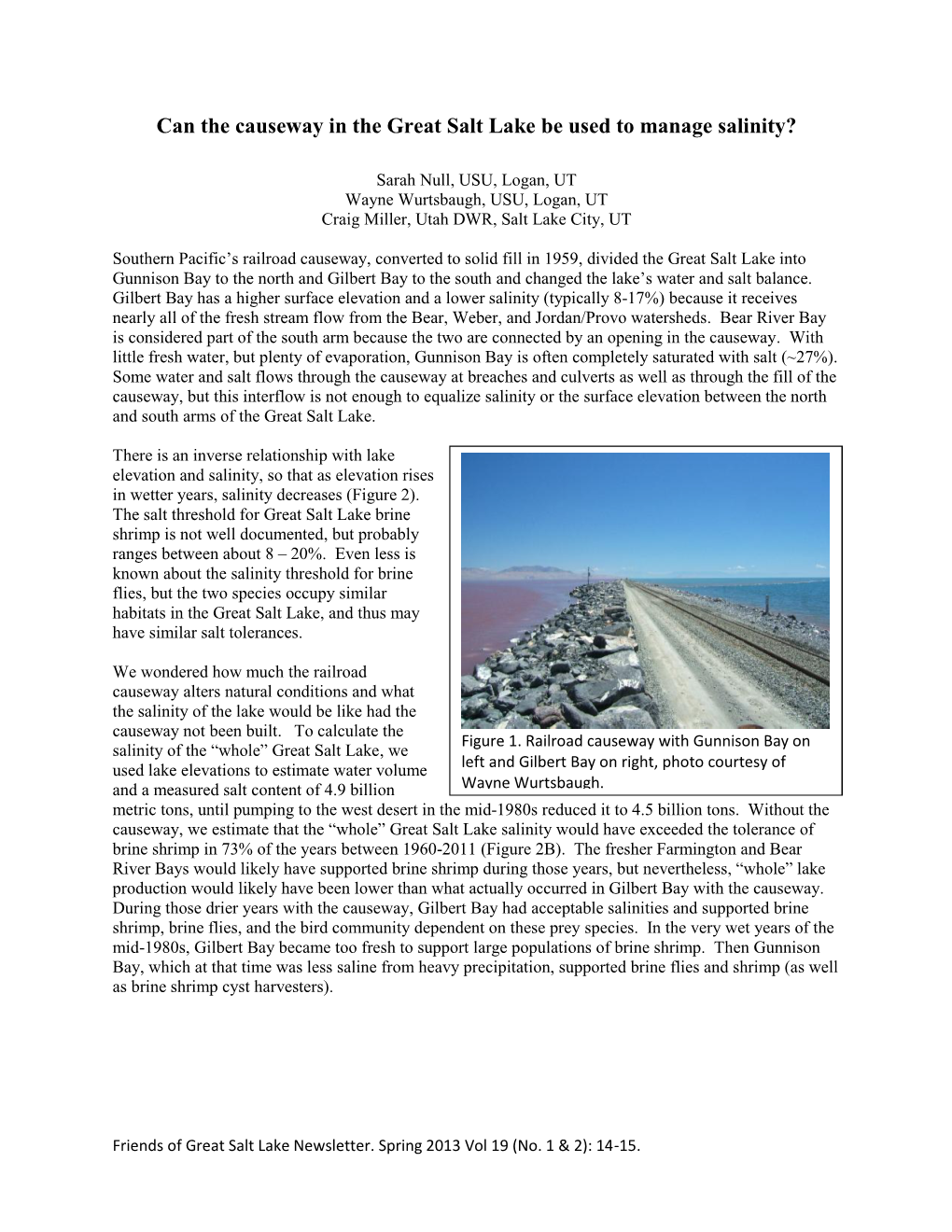 Can the Causeway in the Great Salt Lake Be Used to Manage Salinity?